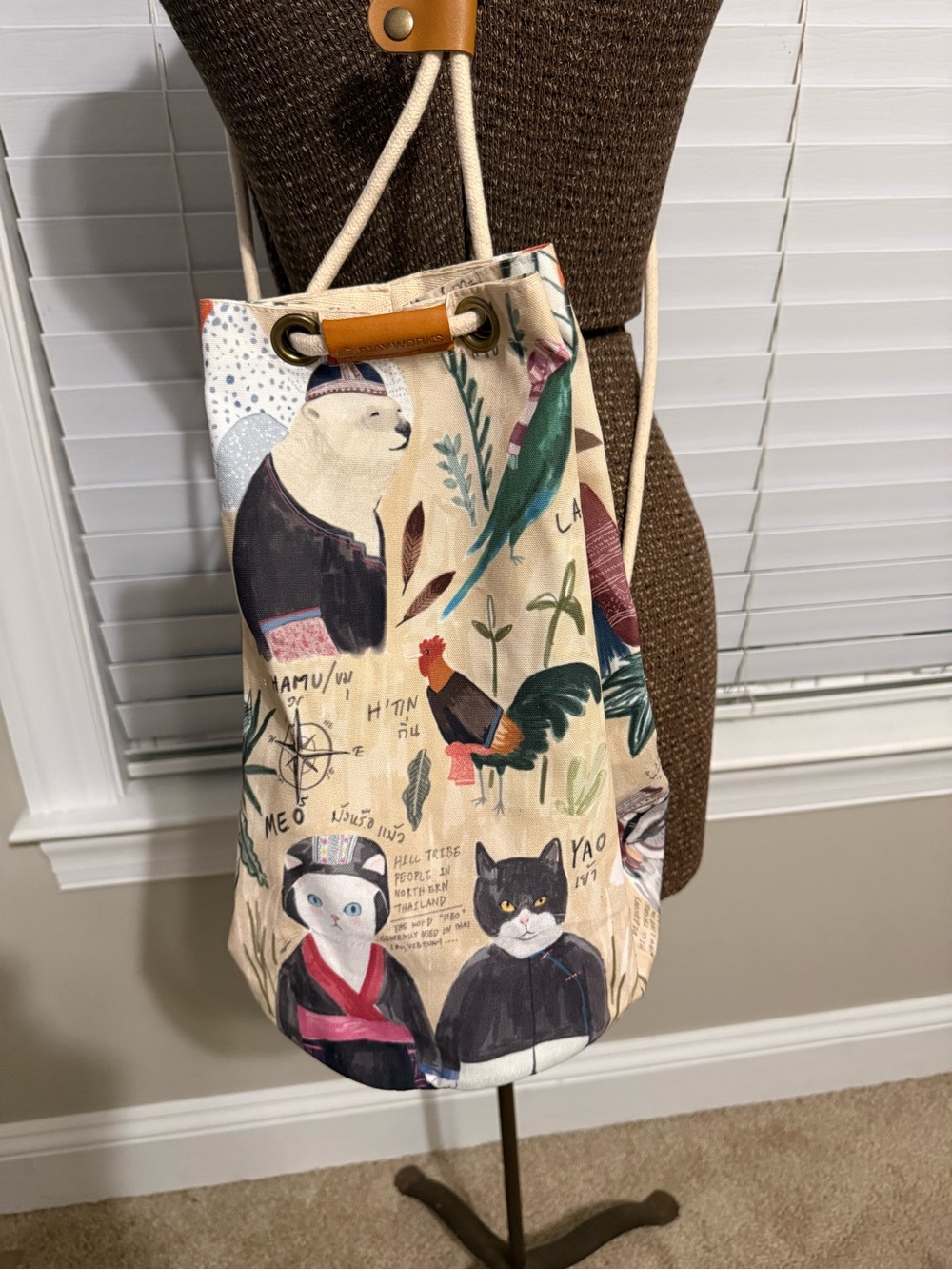 Canvas Drawstring Bucket Bag with Animal Print - Cream